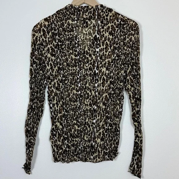 Multiples Women Leopard Print Button Up Shirt Size S Brown Sequin Pleated Blouse - Picture 3 of 9